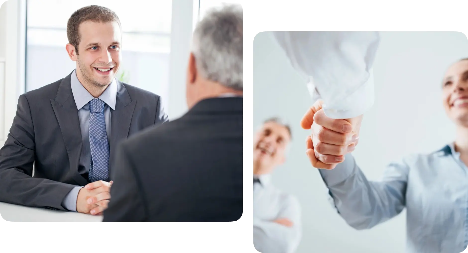 Two pictures of people shaking hands in a room.